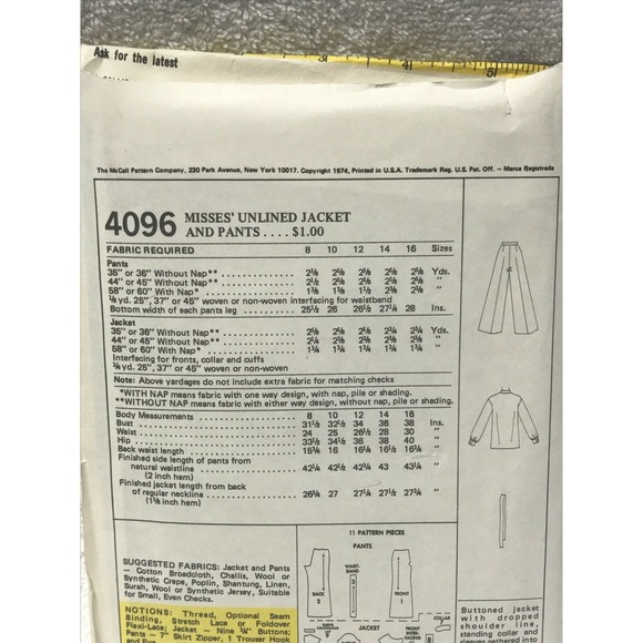 Mccalls 4096 Misses Unlined Jacket Pants Sewing Pattern Size 24 Vintage 1974 - Picture 3 of 6